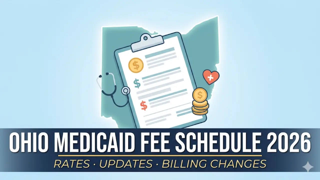 Ohio Medicaid Fee Schedule 2026 vector illustration showing a medical clipboard with fee document, Ohio state outline, stethoscope, and coins with bold title text displaying rates, updates, and billing changes