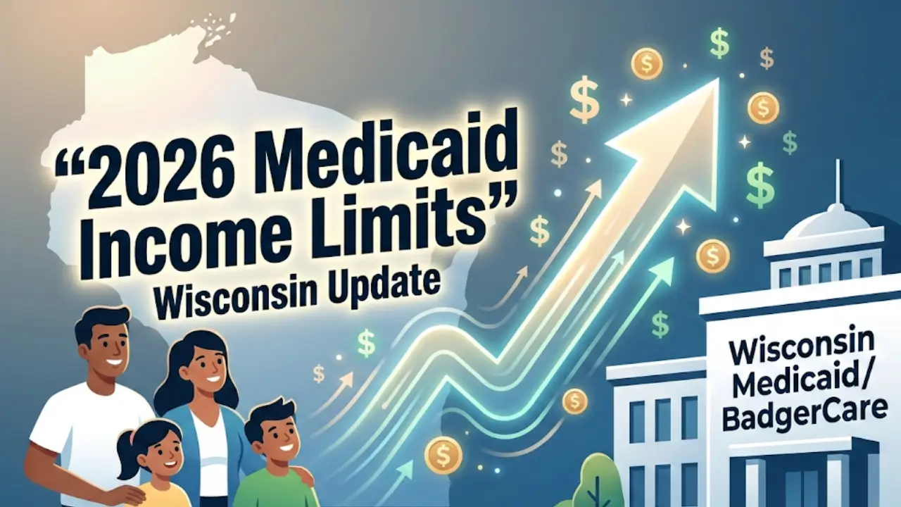 Vector graphic showing Wisconsin Medicaid income limits 2026 update with family illustration, rising income arrow, and BadgerCare concept