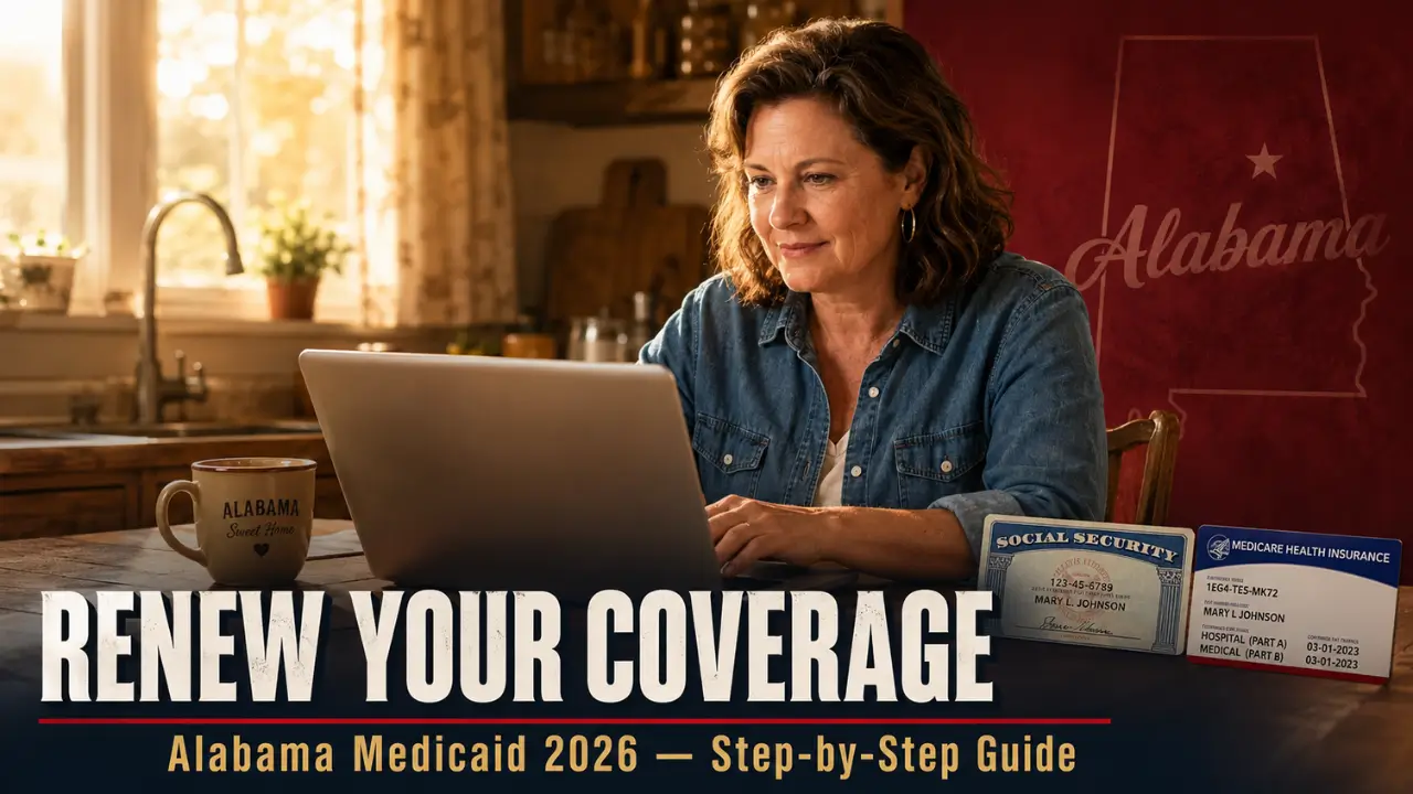 Alabama resident renewing Medicaid coverage online in 2026 with required documents on kitchen table