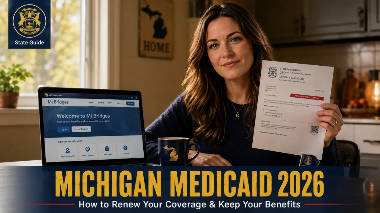 Michigan resident renewing Medicaid in 2026 using MI Bridges portal at home