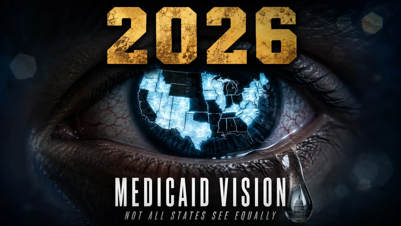 Cinematic close-up of a human eye with a fractured US map in the iris showing Medicaid vision coverage gaps across states in 2026
