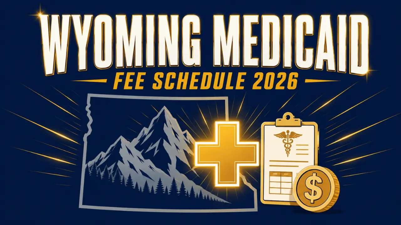 Wyoming Medicaid Fee Schedule 2026 guide featured image with mountain and medical icon graphic
