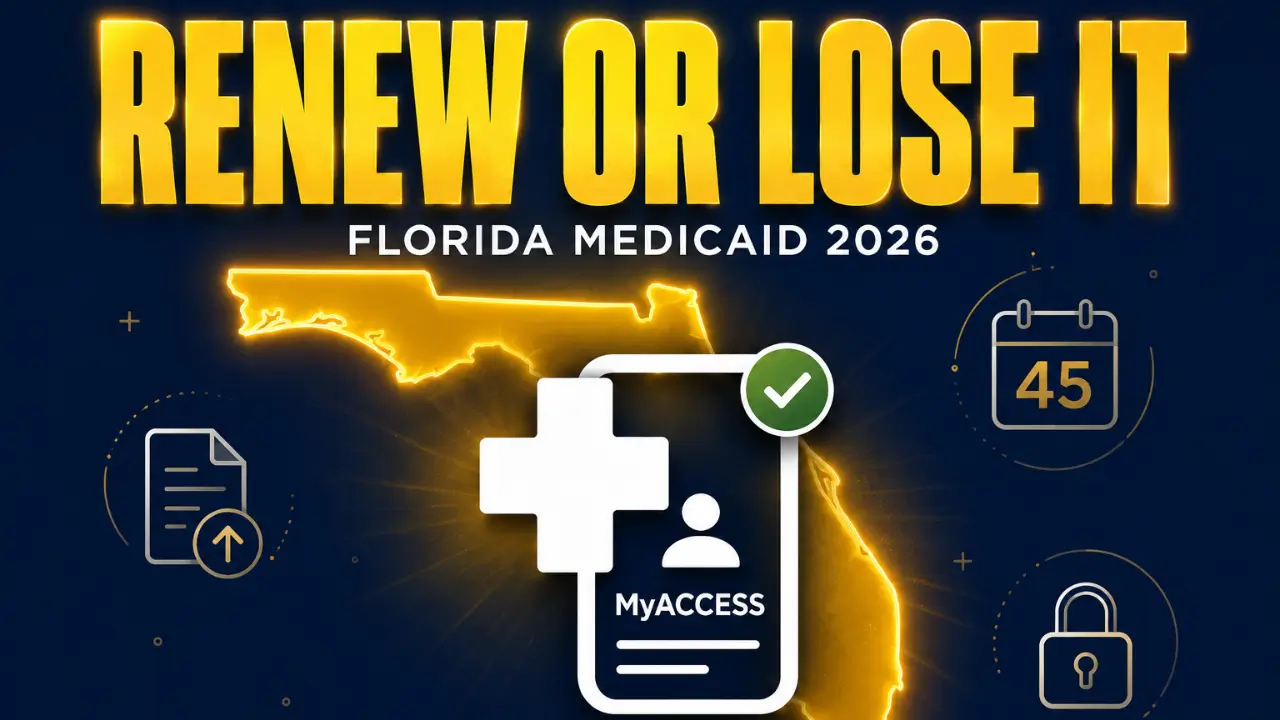 Florida Medicaid renewal 2026 guide showing MyACCESS portal icon and state outline with renewal reminder text
