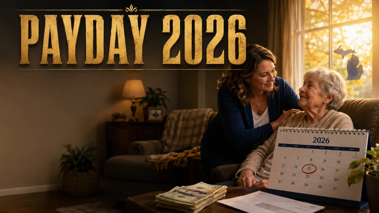 Caregiver helping elderly mother at home with 2026 calendar and Home Help payment schedule in the background