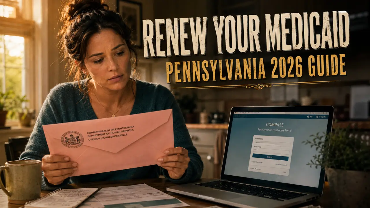 Woman holding pink Medicaid renewal envelope with laptop open to Pennsylvania COMPASS portal, illustrating how to renew Medicaid in Pennsylvania in 2026