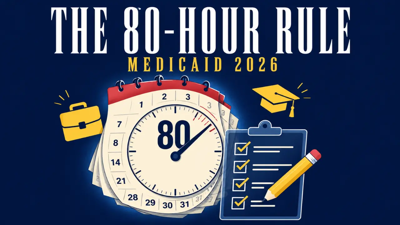Medicaid 80-hour work requirement rule 2026 clock and checklist illustration