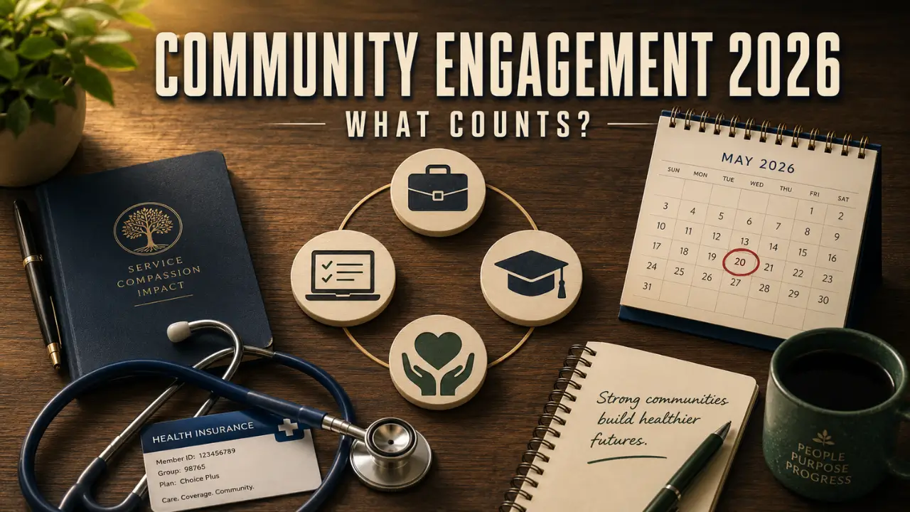 Medicaid community engagement 2026 rules showing work, education, and volunteer icons with checklist calendar