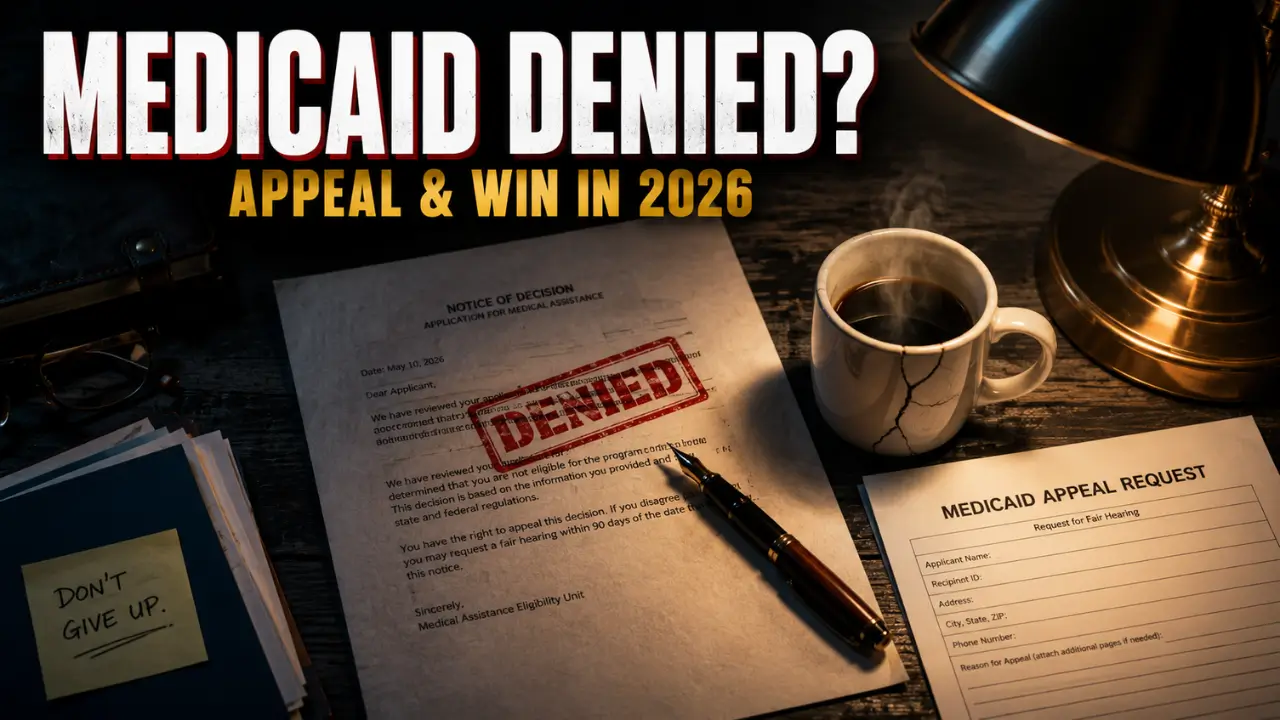 Medicaid denial letter with red DENIED stamp beside pen and appeal form, representing how to appeal Medicaid denial in 2026