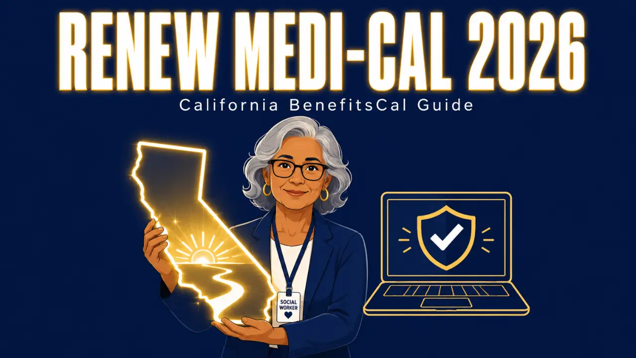 Illustration guide showing how to renew Medi-Cal in California 2026 through BenefitsCal