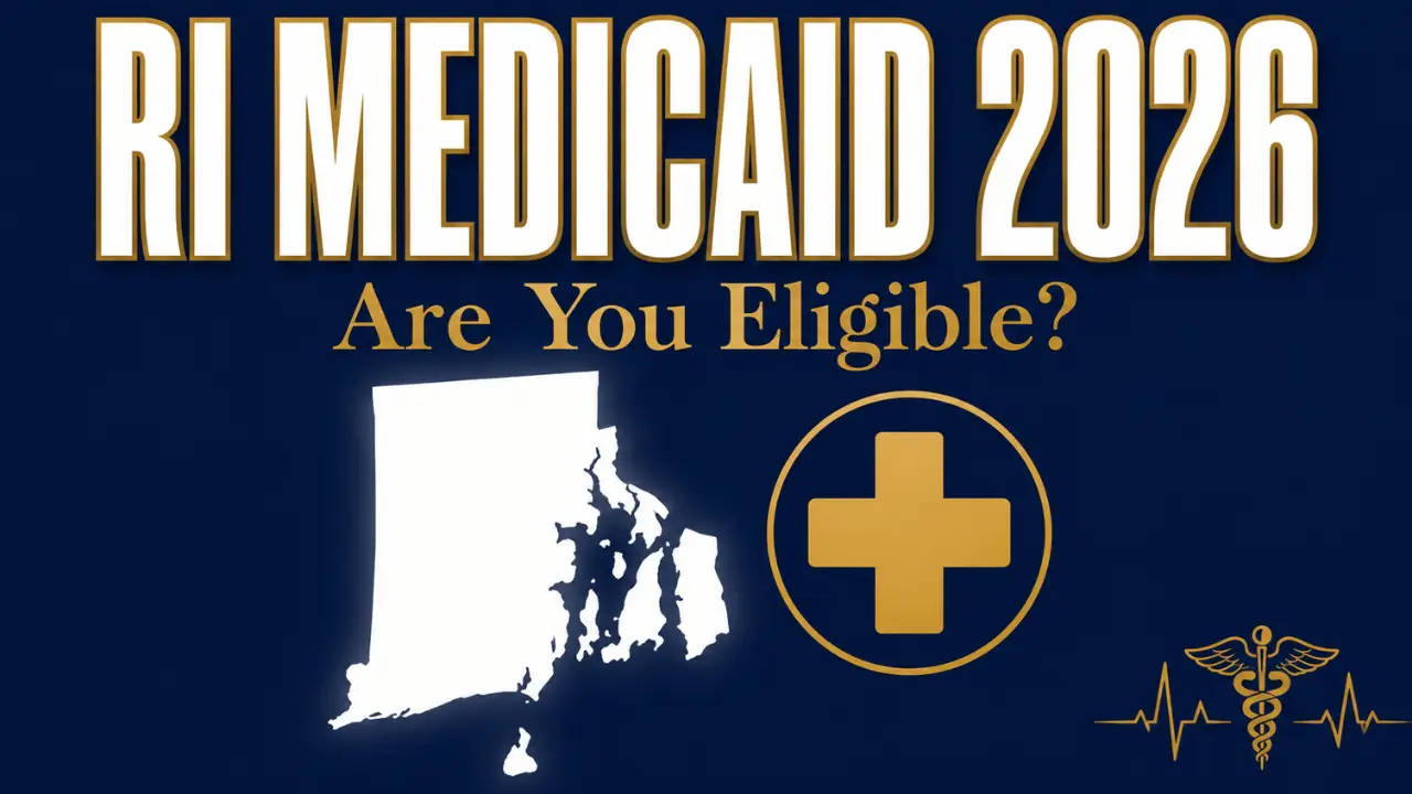 Rhode Island Medicaid eligibility 2026 poster-style graphic with state map and medical badge icon