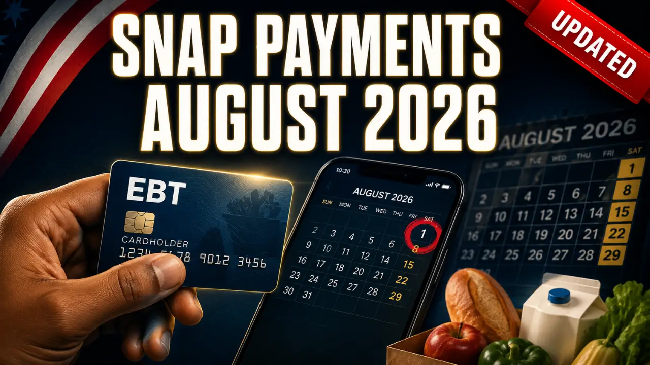 SNAP payment schedule August 2026 showing EBT card and calendar with deposit dates by state