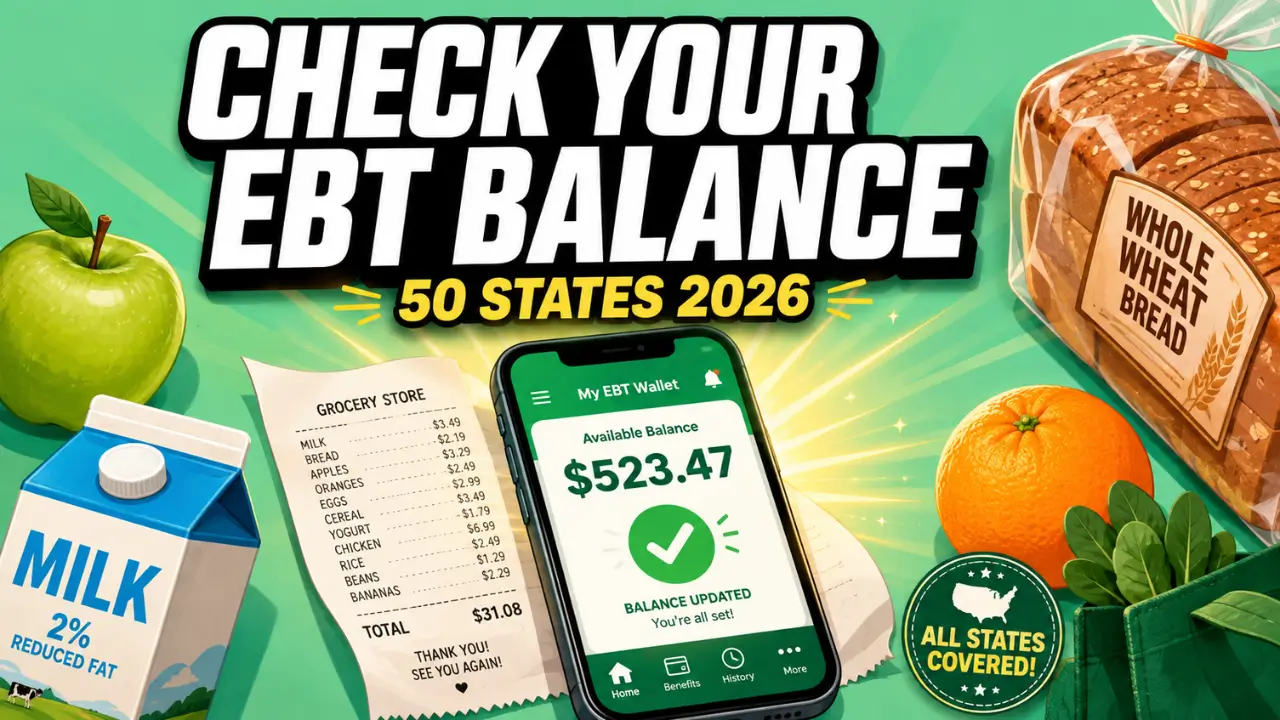 Smartphone showing EBT balance check app next to a grocery receipt, representing how to check EBT balance in every state in 2026