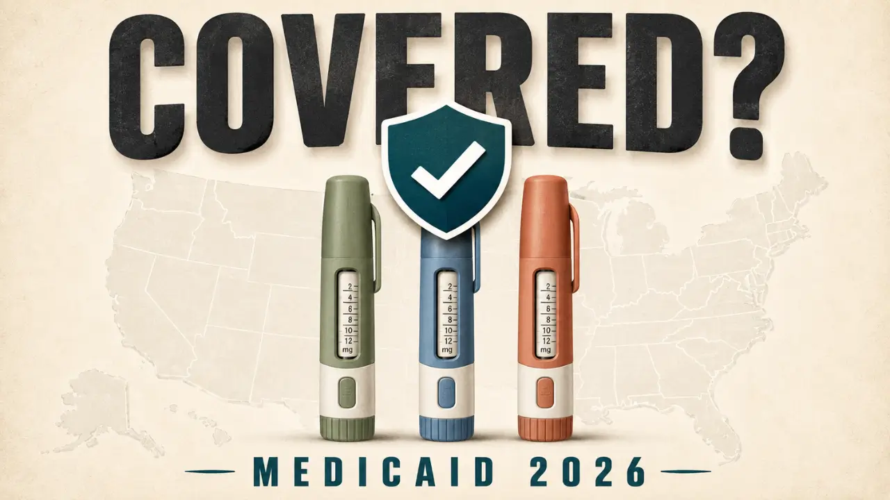 Illustration asking if Medicaid covers Wegovy, Zepbound, and Ozempic in 2026, with three injector pens and a US map