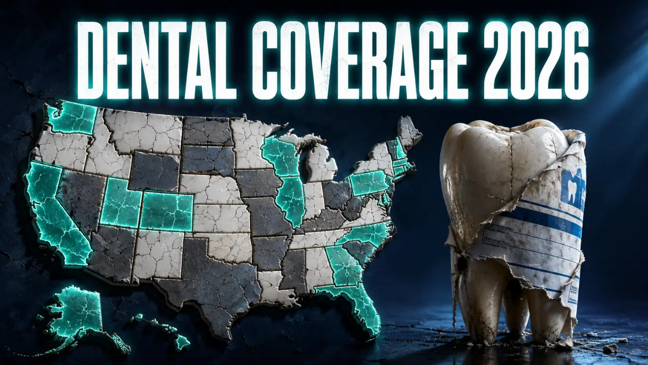 Map of U.S. states showing which states cover Medicaid dental for adults in 2026