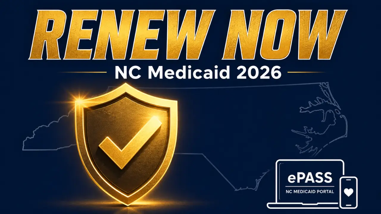 North Carolina Medicaid renewal 2026 ePASS guide with checkmark shield icon
