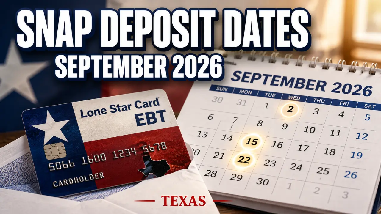 Texas SNAP deposit dates for September 2026 shown on a Lone Star EBT card and calendar